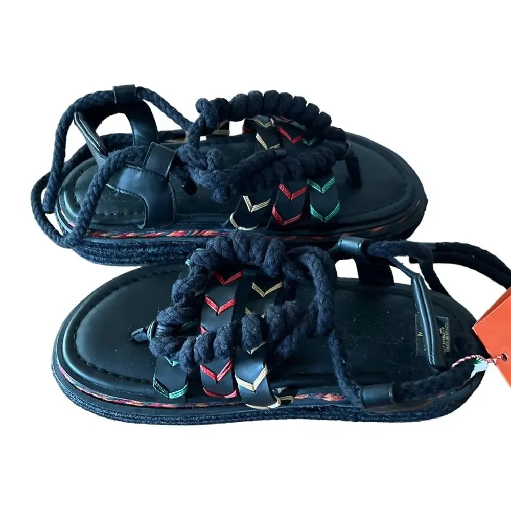 Farm Rio Black Rope Tie Flatform Sandals Women Size 8